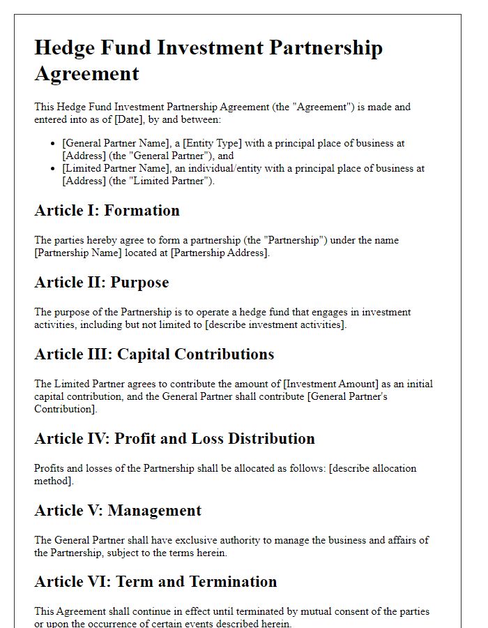 Letter template of Hedge Fund Investment Partnership Agreement