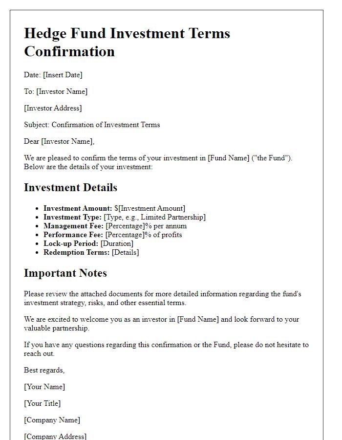 Letter template of Hedge Fund Investment Terms Confirmation