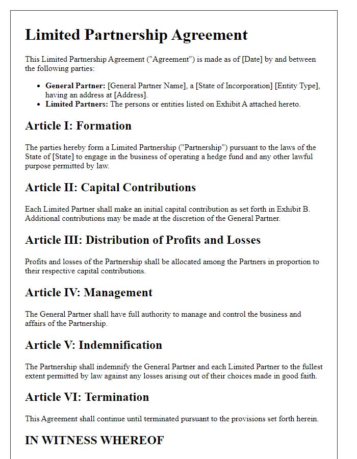 Letter template of Hedge Fund Limited Partnership Agreement