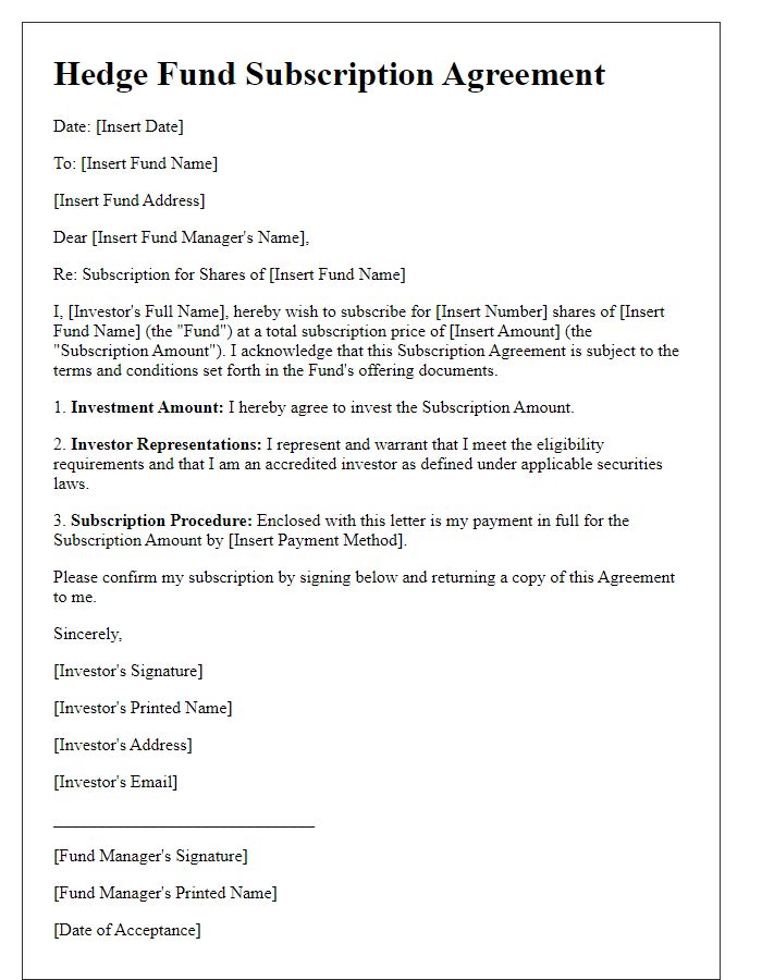 Letter template of Hedge Fund Subscription Agreement