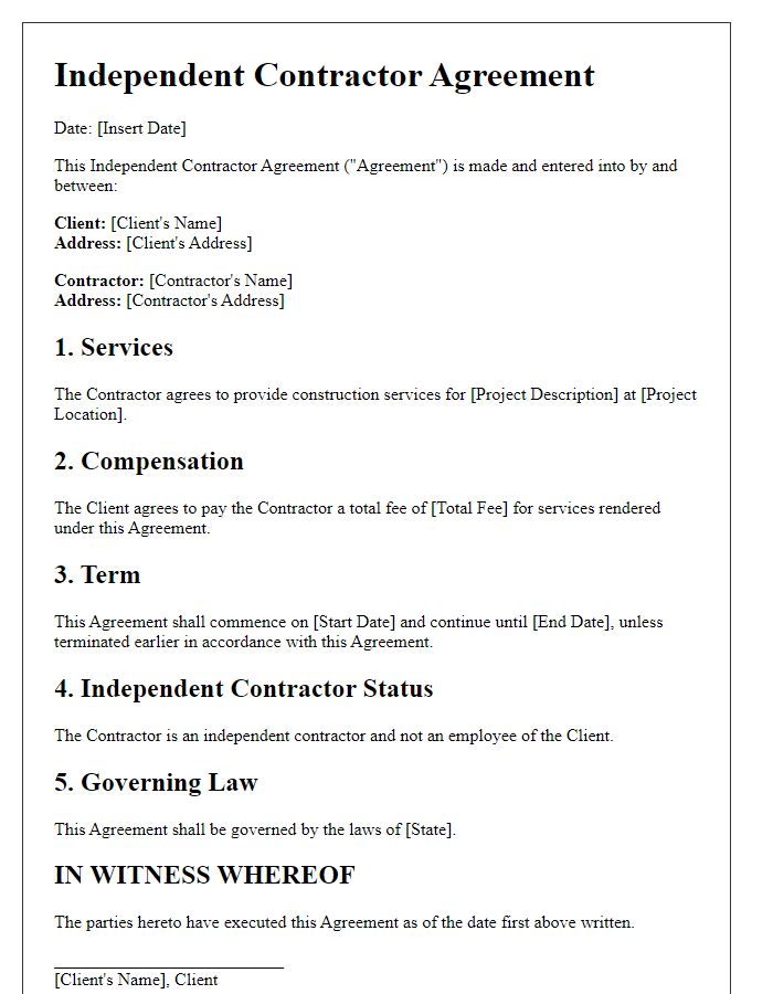 Letter template of independent contractor agreement for construction services