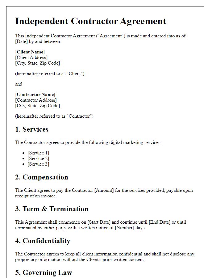 Letter template of independent contractor agreement for digital marketing