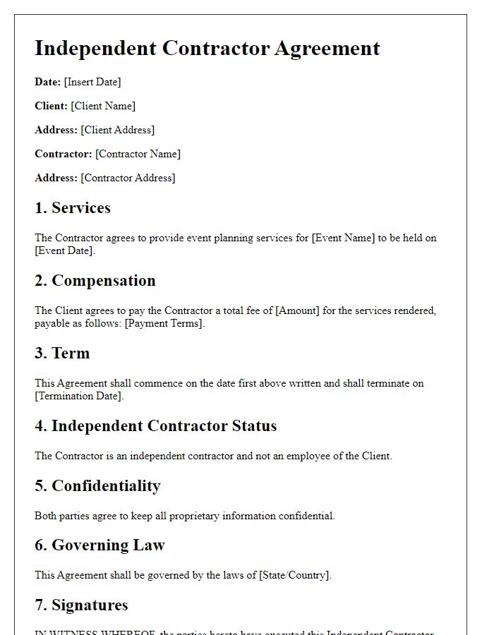 Letter template of independent contractor agreement for event planning