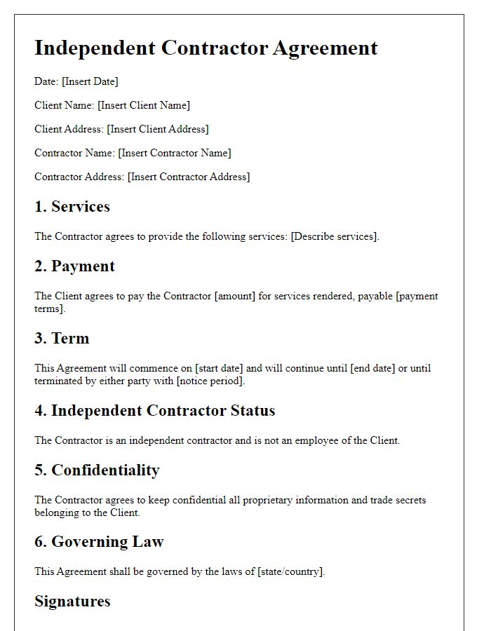 Letter template of independent contractor agreement for freelance services