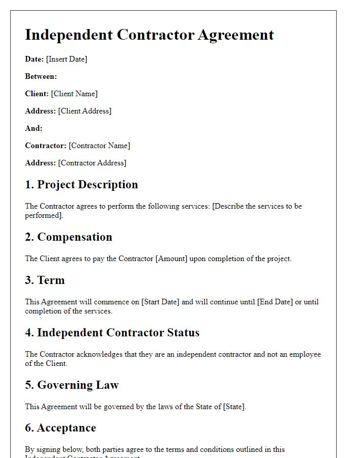 Letter template of independent contractor agreement for project-based work