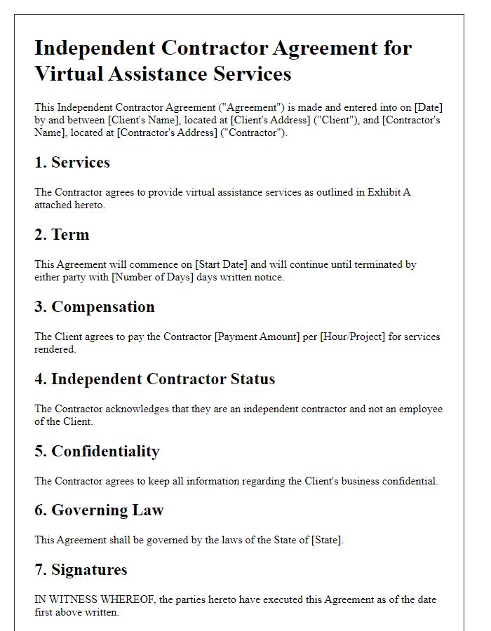 Letter template of independent contractor agreement for virtual assistance services