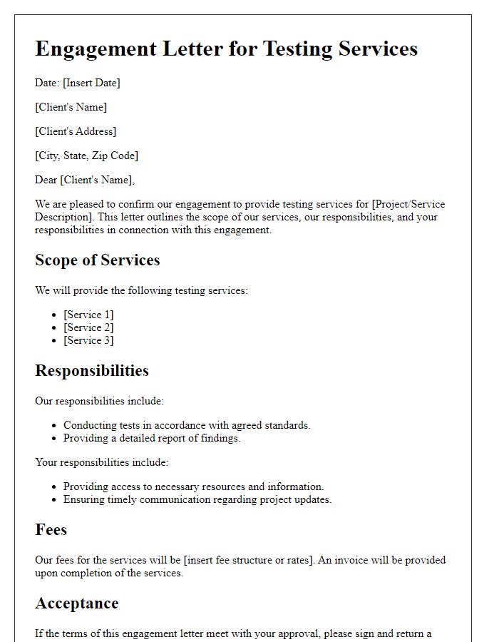 Letter template of engagement letter for testing service provisions