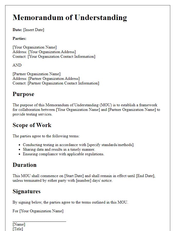 Letter template of memorandum of understanding for testing services