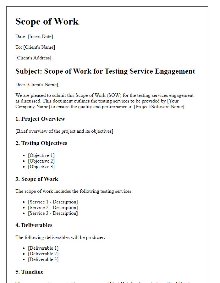 Letter template of scope of work for testing service engagement