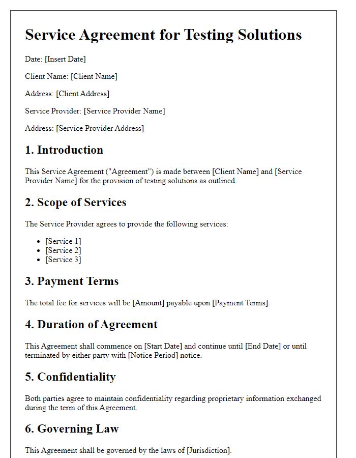 Letter template of service agreement for testing solutions