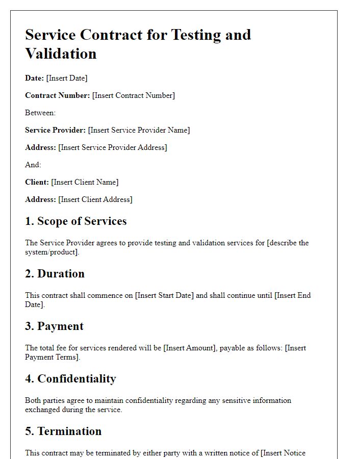 Letter template of service contract for testing and validation