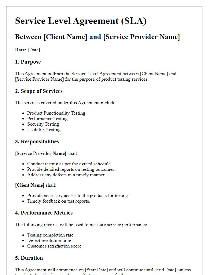 Letter template of service level agreement for product testing