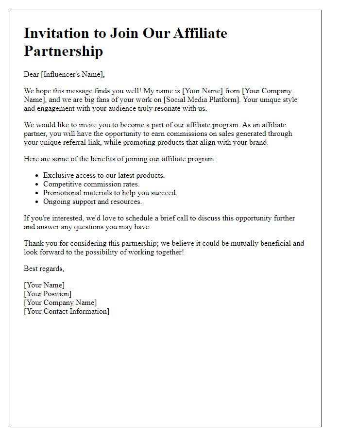 Letter template of affiliate partnership invitation for social media influencer