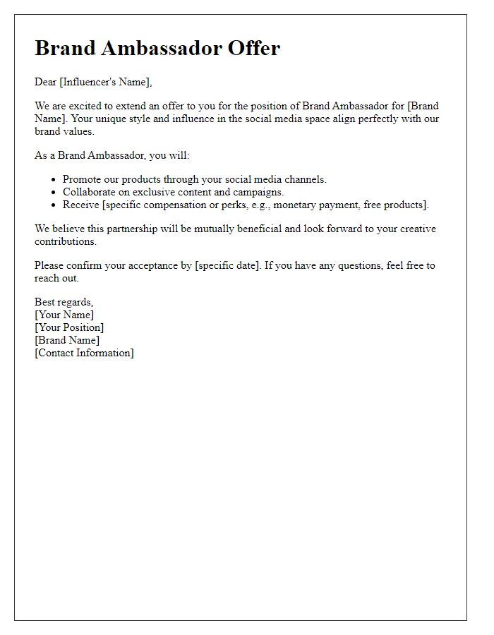 Letter template of brand ambassador offer for social media influencer collaboration