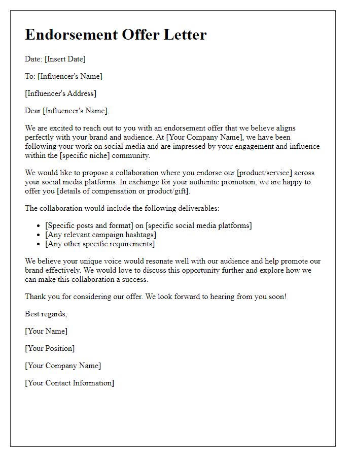 Letter template of endorsement offer for social media influencer collaboration