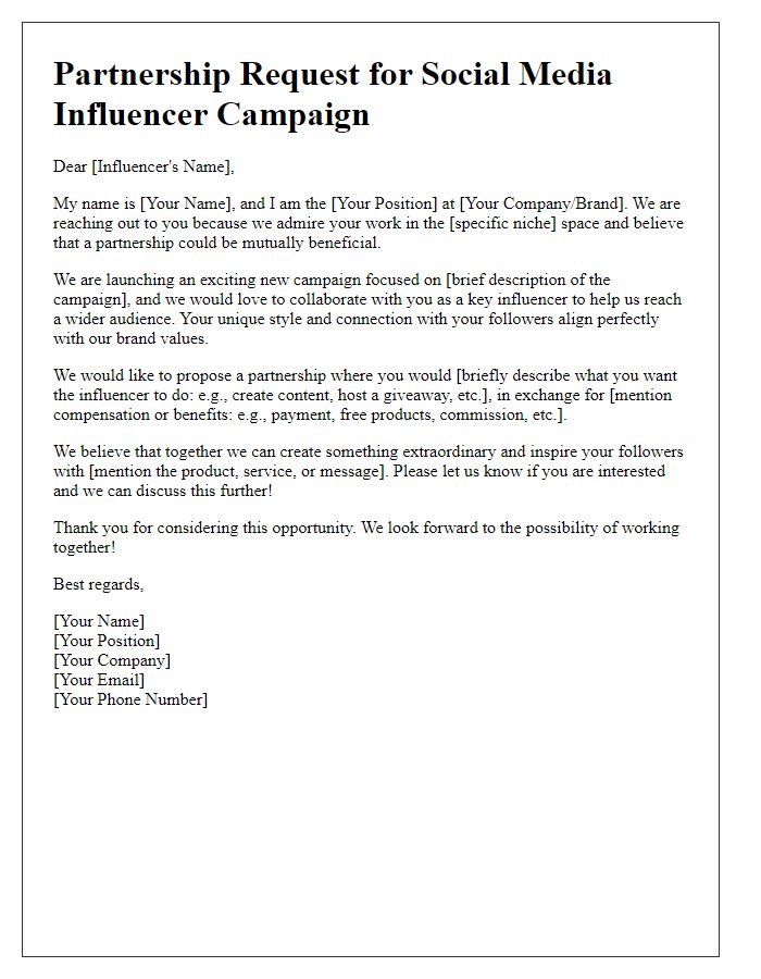 Letter template of partnership request for social media influencer campaign