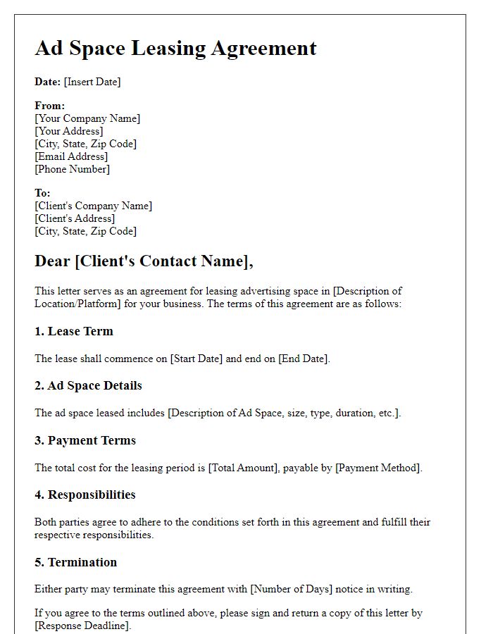 Letter template of Ad Space Leasing Agreement for Businesses