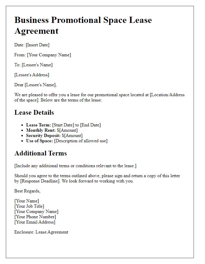 Letter template of Business Promotional Space Lease