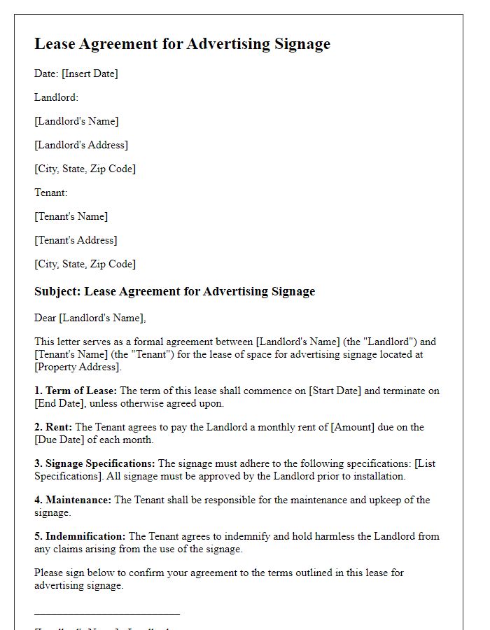 Letter template of Lease for Advertising Signage