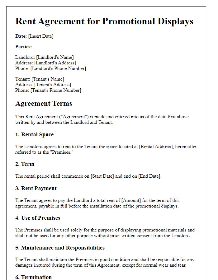 Letter template of Rent Agreement for Promotional Displays