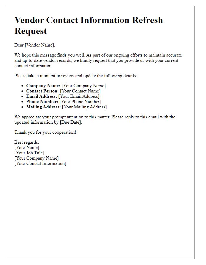 Letter template of vendor contact information refresh request