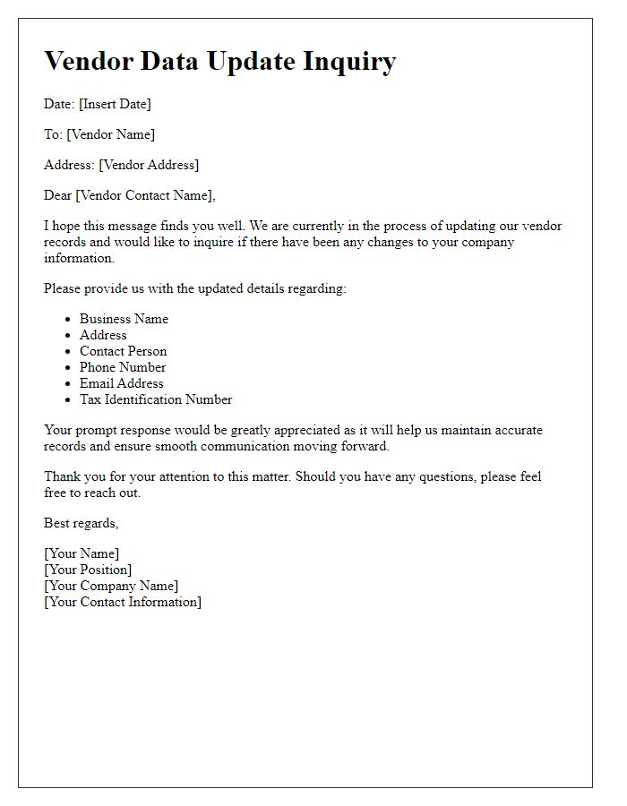 Letter template of vendor data update inquiry