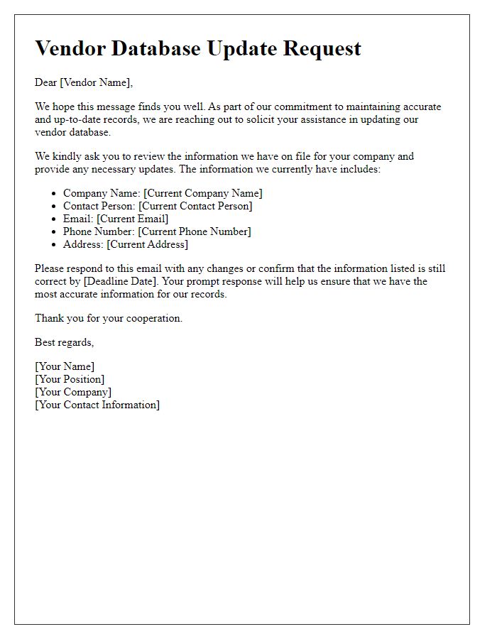 Letter template of vendor database update solicitation