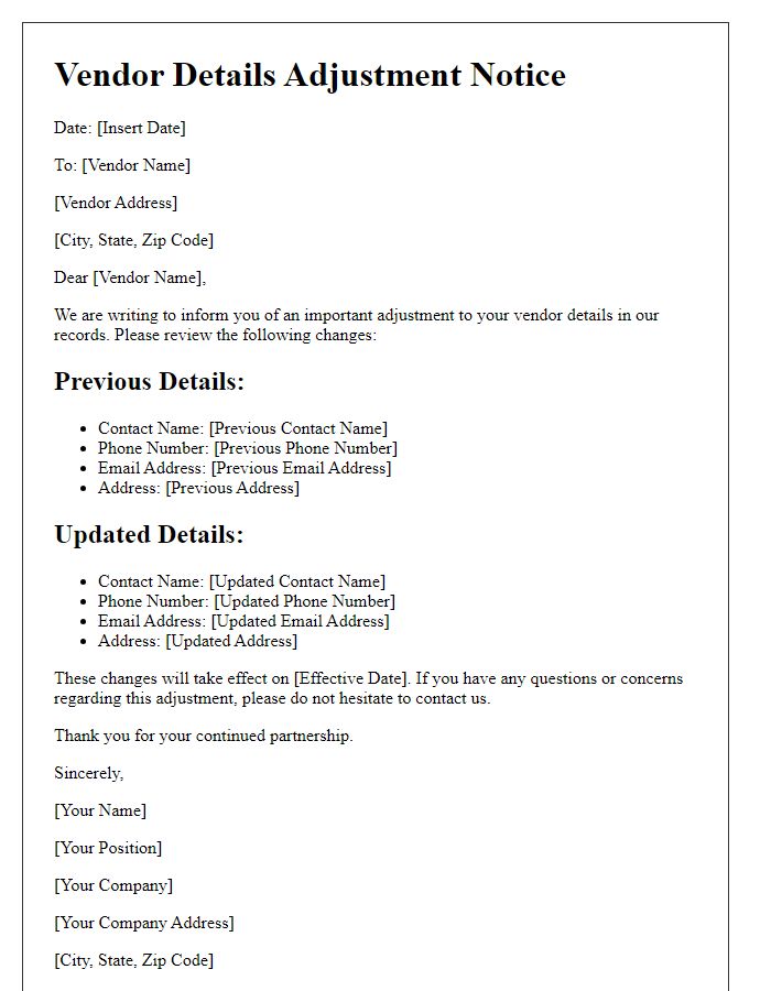 Letter template of vendor details adjustment notice