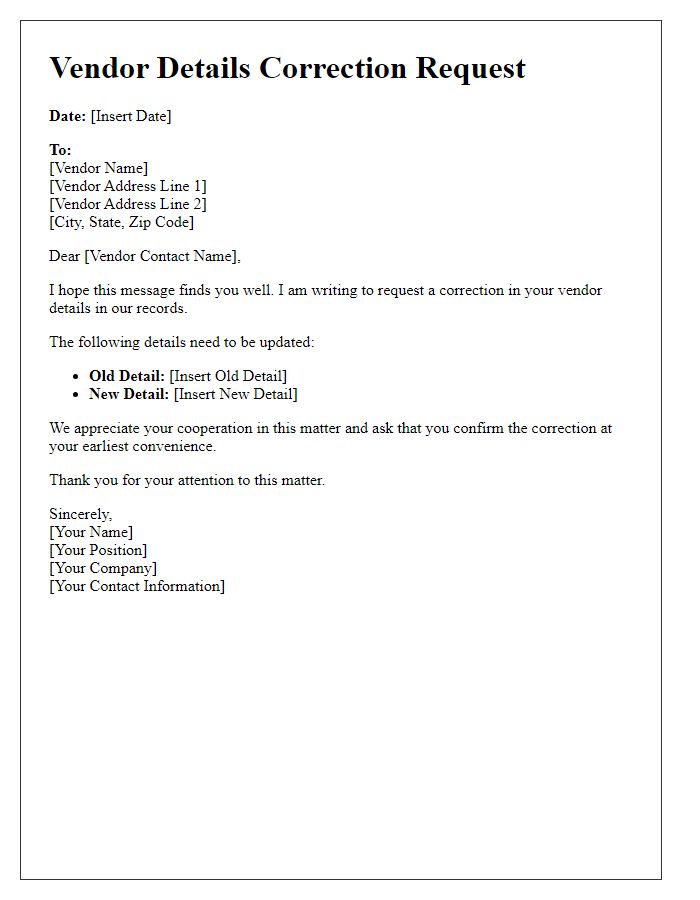 Letter template of vendor details correction request
