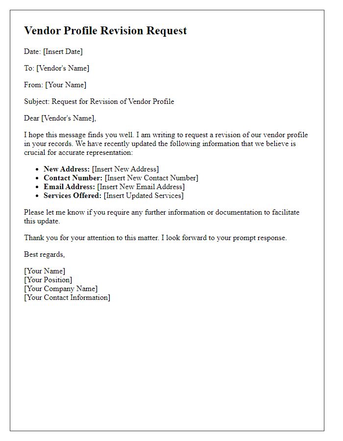 Letter template of vendor profile revision request