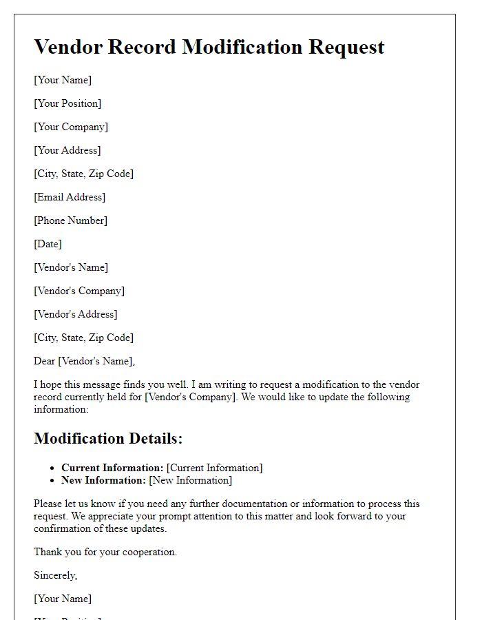 Letter template of vendor record modification request