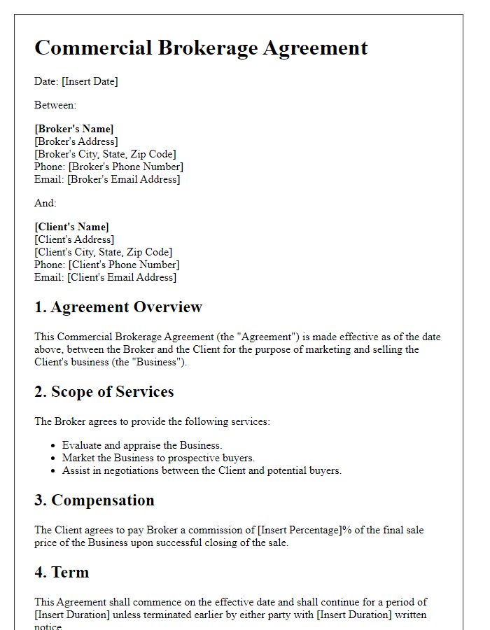 Letter template of Commercial Brokerage Agreement for Business Sales