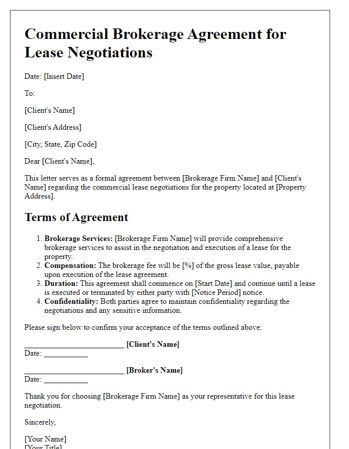 Letter template of Commercial Brokerage Agreement for Lease Negotiations