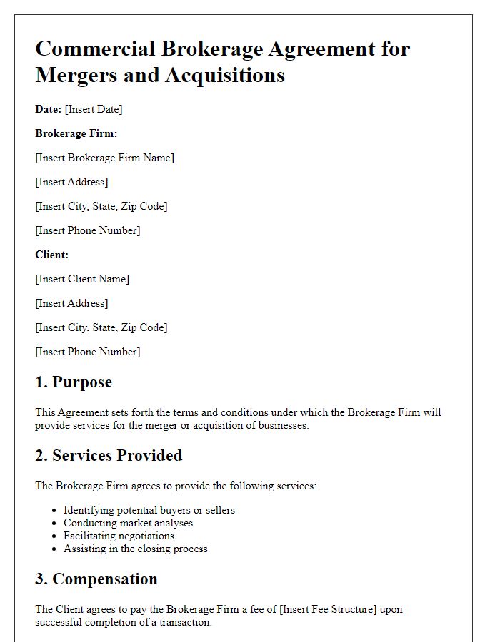 Letter template of Commercial Brokerage Agreement for Mergers and Acquisitions