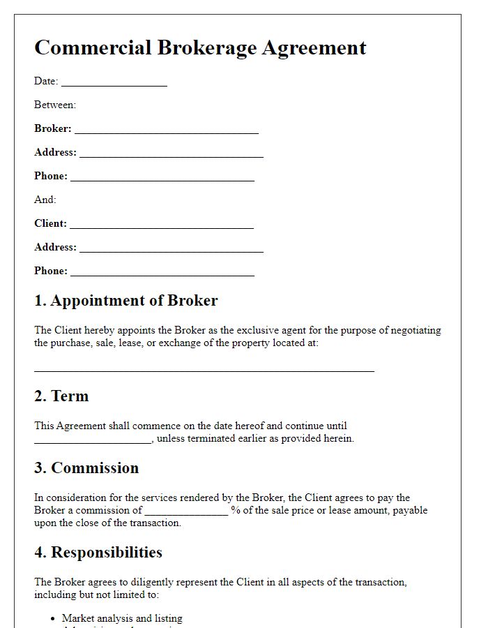 Letter template of Commercial Brokerage Agreement for Real Estate Transactions