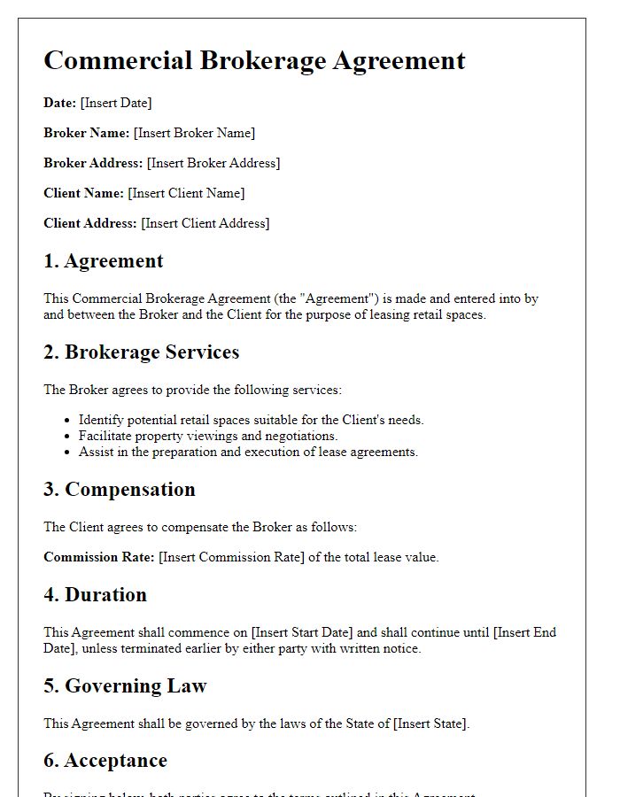 Letter template of Commercial Brokerage Agreement for Retail Spaces