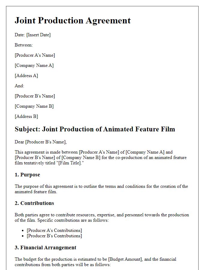 Letter template of joint production agreement for animated feature co-production.