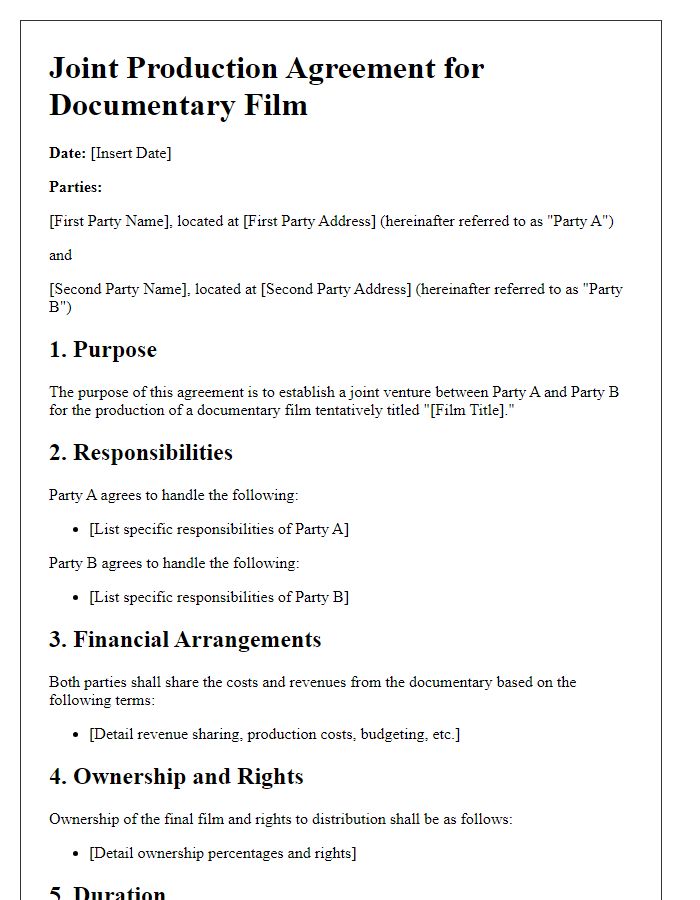 Letter template of joint production agreement for documentary film joint venture.