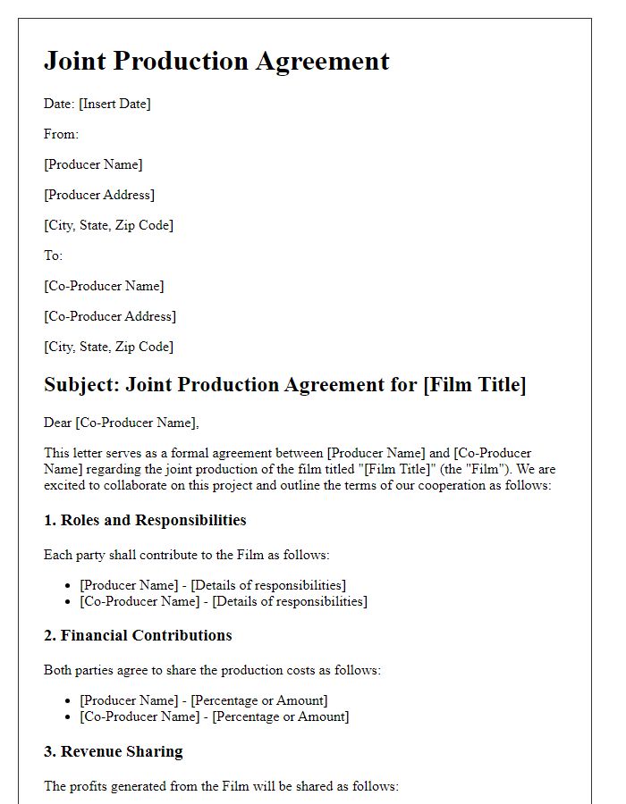 Letter template of joint production agreement for film collaboration.