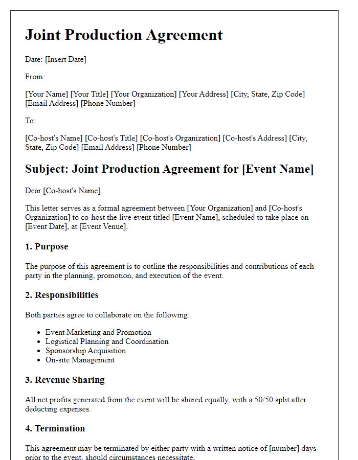 Letter template of joint production agreement for live event co-hosting.