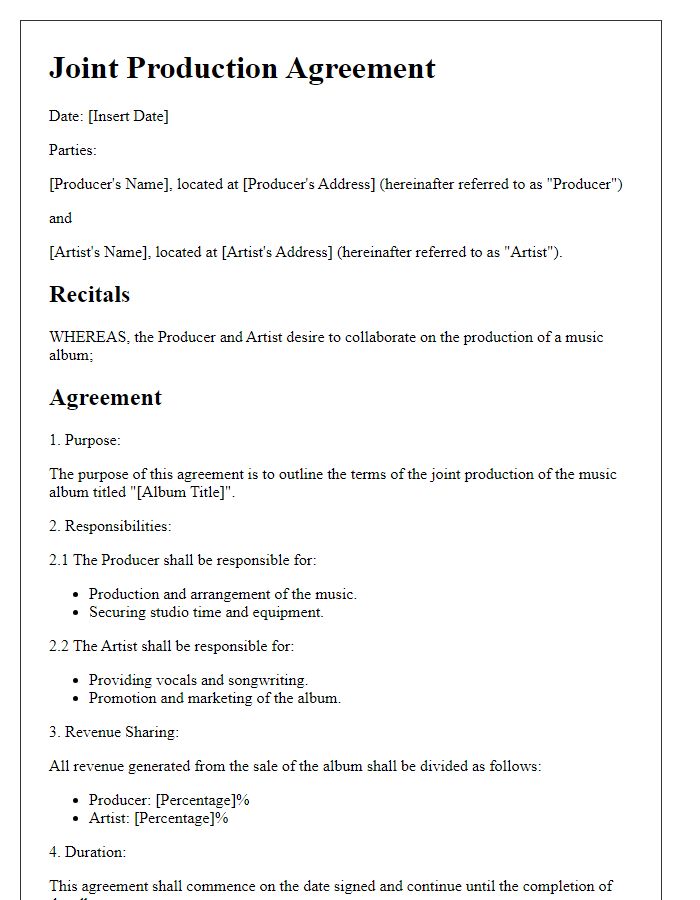 Letter template of joint production agreement for music album partnership.