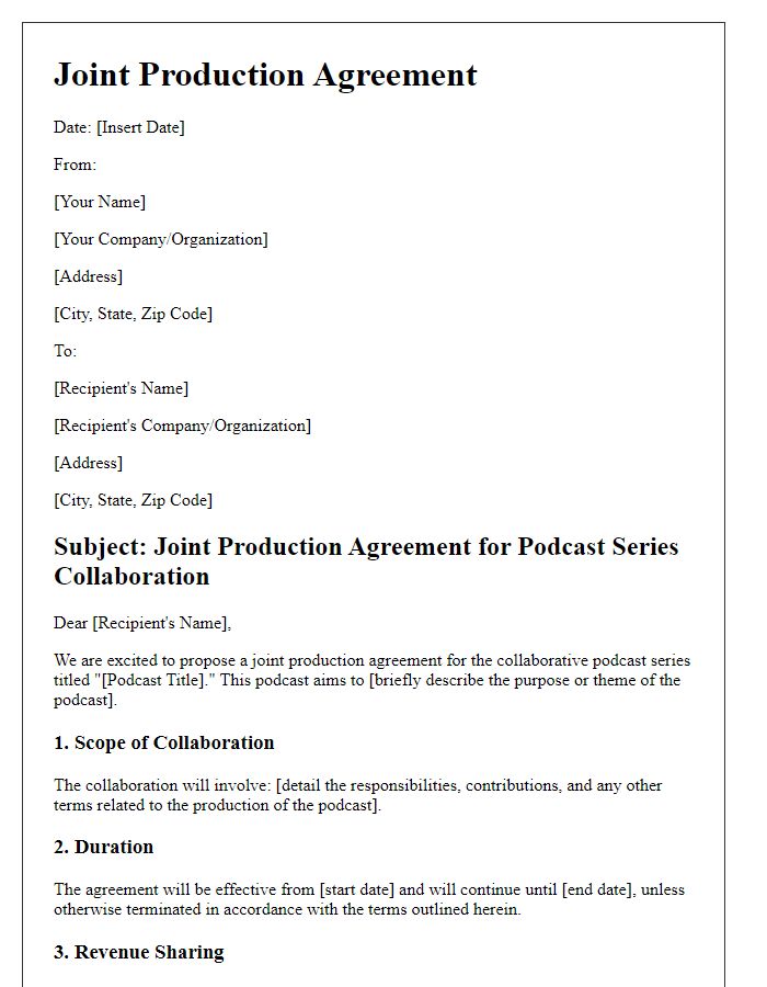 Letter template of joint production agreement for podcast series collaboration.