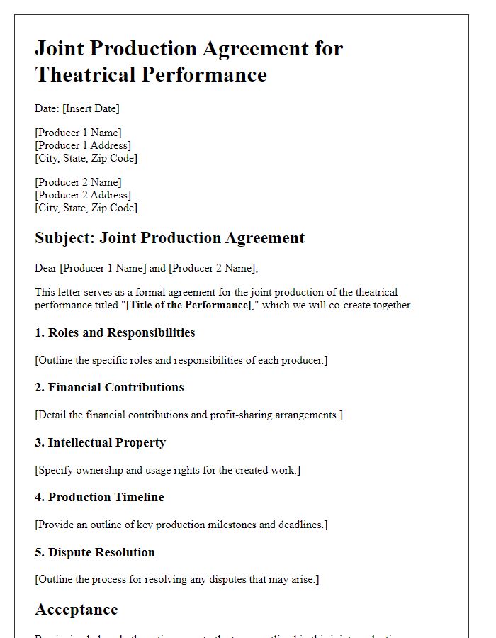 Letter template of joint production agreement for theatrical performance co-creation.