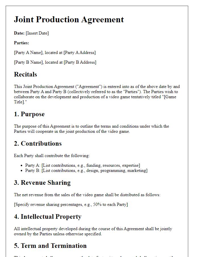 Letter template of joint production agreement for video game development partnership.