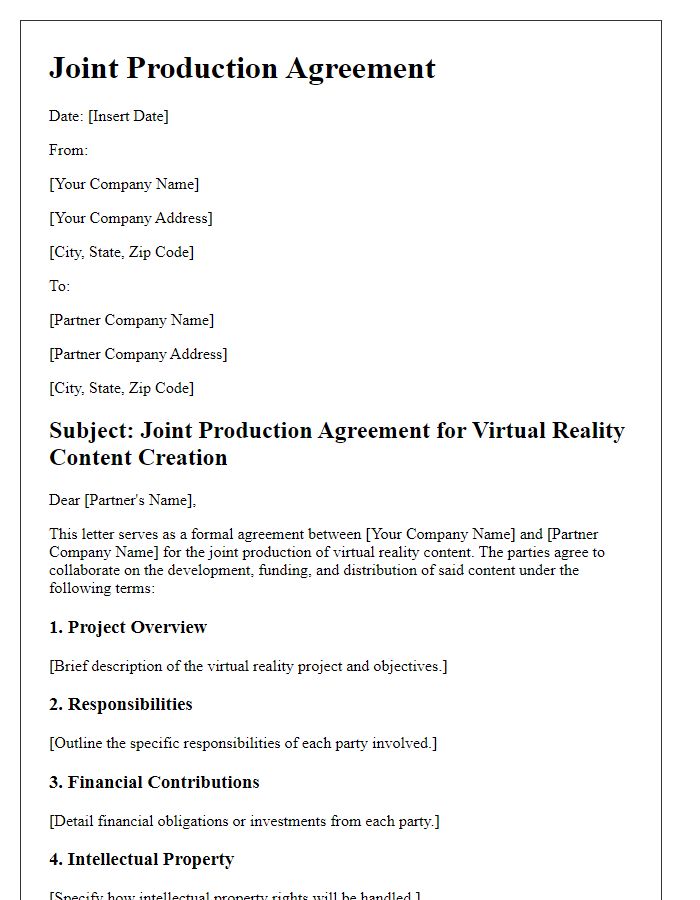 Letter template of joint production agreement for virtual reality content creation.