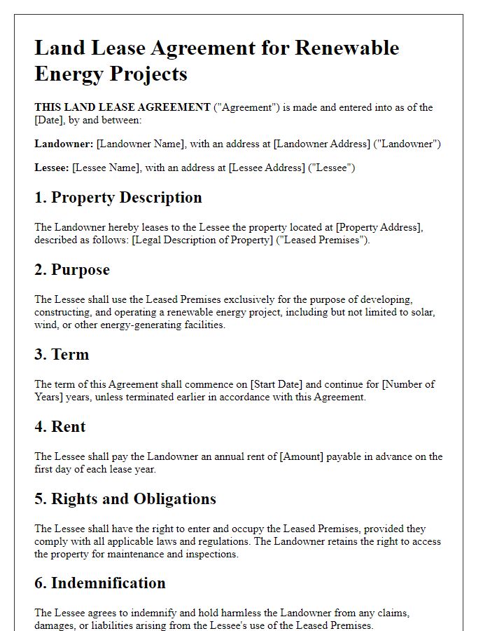 Letter template of land lease agreement for renewable energy projects