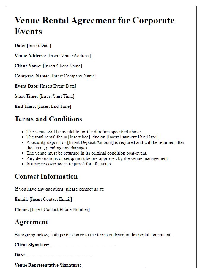 Letter template of Venue Rental Agreement for Corporate Events