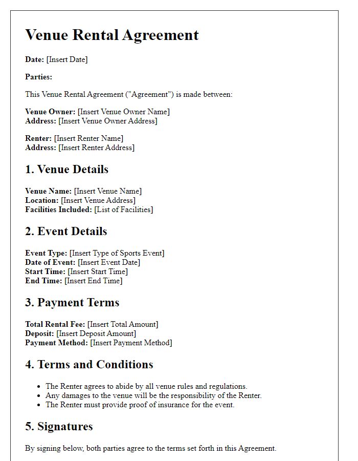 Letter template of Venue Rental Agreement for Sports Events