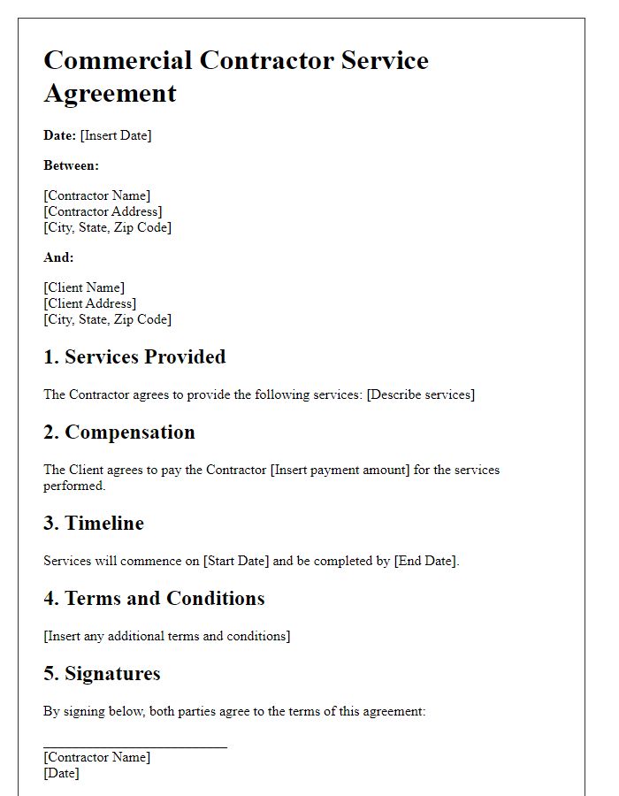 Letter template of commercial contractor service agreement