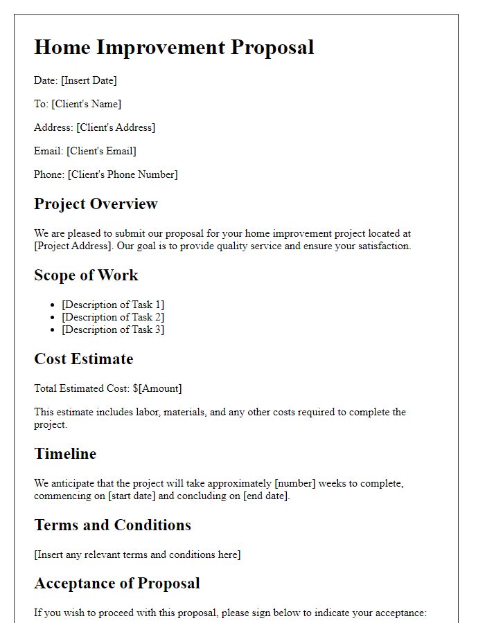 Letter template of home improvement contractor proposal